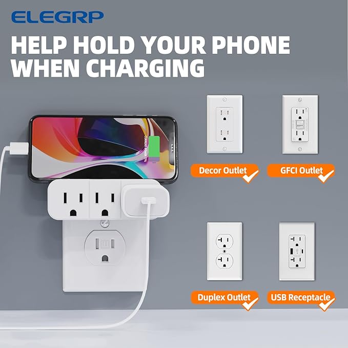 ELEGRP Triple Outlet Extender, 3-Prong Grounded Wall Tab, Multiple Outlet Extender Adapter Plug with 3 Electrical Outlets for Travel Home Hotel Office, ETL Listed, 1 Pack, White