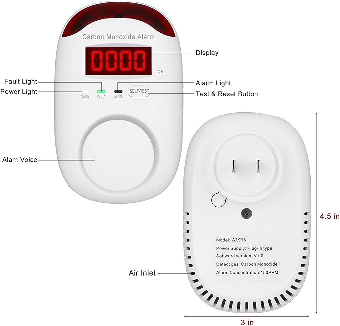 3 Packs Carbon Monoxide Detectors - Hembisen Carbon Monoxide Detector Plug in Type CO Alarm Monitor with Digital Display, Accurate & Easy to Read, for Home/Kitchen/Hotel/Bedroom (White)