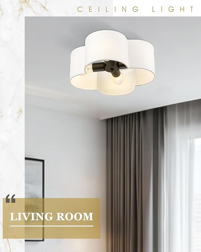 Black Flush Mount Ceiling Light, 4-Light 14Inch Light Fixtures Ceiling Mount with Fabric Shade in Quatrefoil Shape, Ceiling Light for Nursery Hallway Bedroom Kitchen, AD-22007-4C-BK