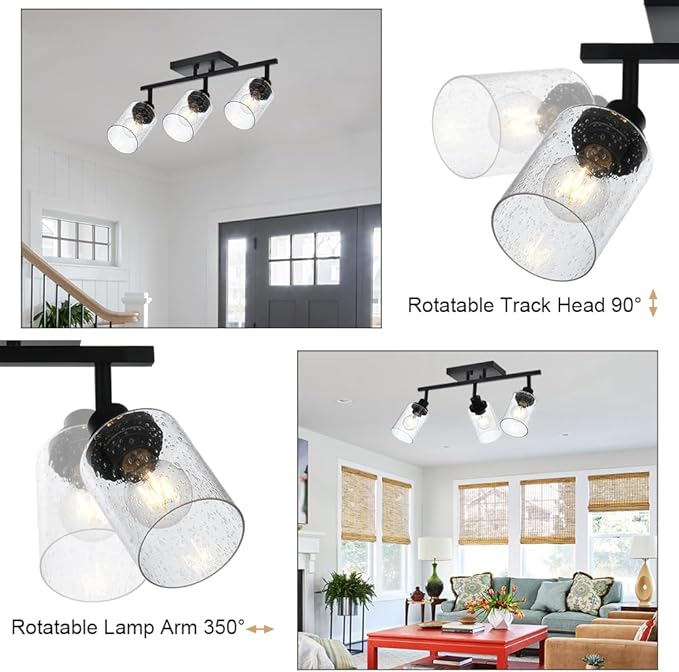 3-Light Track Lighting Fixtures Ceiling Spot Light, Black Flush Mount Wall Bathroom Vanity Light with Seeded Glass Shade for Dining Room Hallway Porch