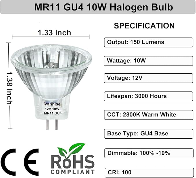 GU4 Bulb 10W 12V, 6 Pack GU4 Base MR11 Halogen Bulb, GU 4 Bulb Dimmable with Glass Cover, Fiber Optic Light Bulbs 2800K Warm White, MR11 12V 10W for Landscape, Accent, Track Lighting