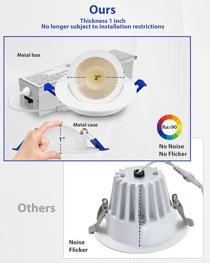 Adetu 2 Inch 5CCT Gimbal Led Recessed Lighting with Junction Box, 360°+90° Adjustable Recessed Can Lights, 2700K/3000K/3500K/4000K/5000K Selectable, 5W Eqv 50W, 550LM Brightness - ETL (White,12 Pack)