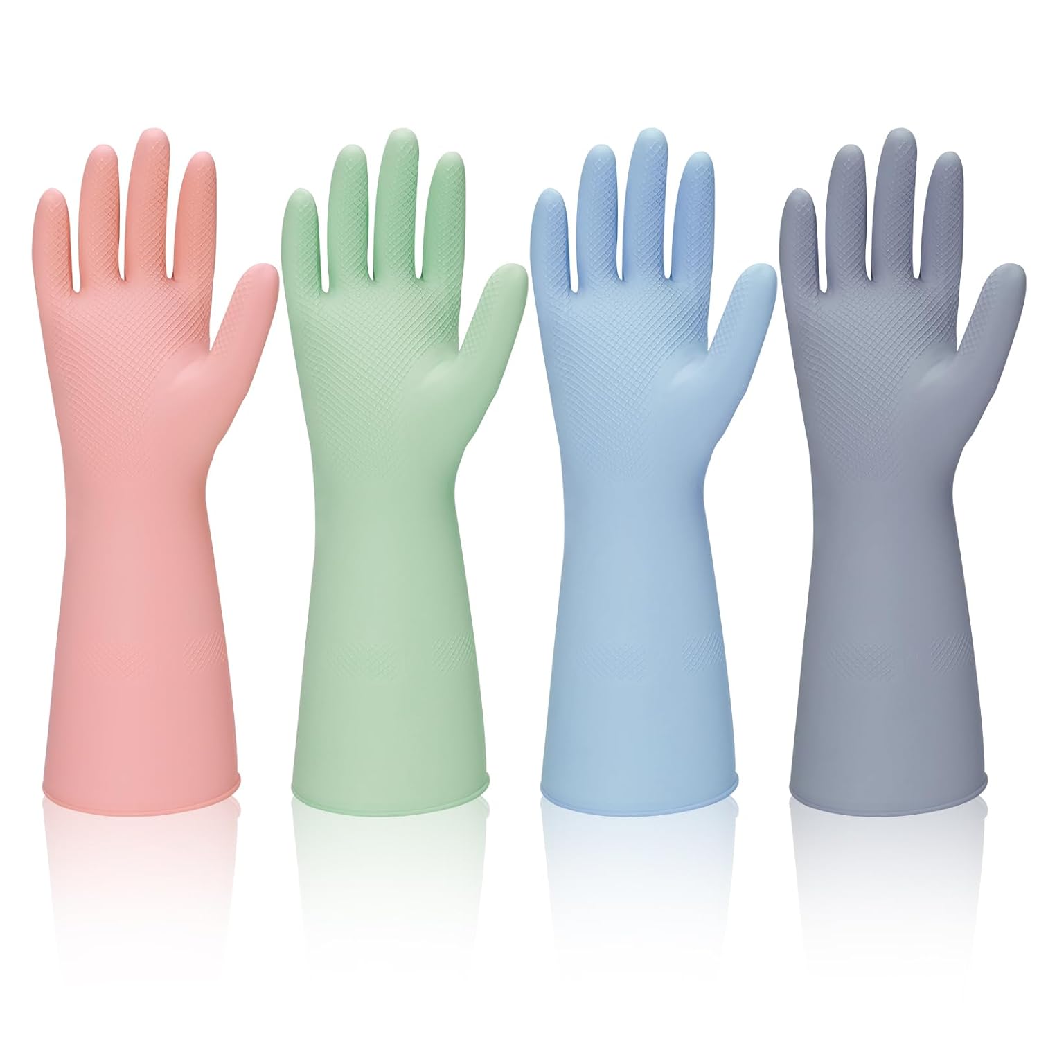 Rubber Kitchen Dishwashing Gloves - 4 Pairs Reusable Household Cleaning Gloves, Flexible and Durable & Non-slip Cleaning Gloves, Great for Kitchen, Bathroom, Laundry (Pink+Green+Blue+Grey)