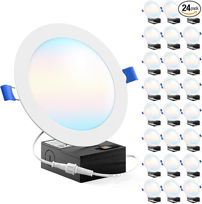 Sunco 24 Pack 6 Inch LED Recessed Light, Canless Ceiling Lights Slim with Junction Box, 850 LM, 14W (100W Equivalent), Selectable CCT 2700K/3000K/4000K/5000K/6000K, Dimmable, Wafer Thin ETL