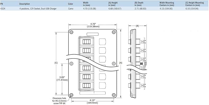 Blue Sea Systems 4324 Water-Resistant Circuit Breaker Switch Panel, Camo, 4 pos. + 12 Volt Socket and Dual USB Charger