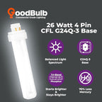GoodBulb 26 Watt CFL Light Bulbs 4 Pin G24Q-3 Base 6500K Full Spectrum 26W High Output 1800 Lumens Double Tube Compact Fluorescent Light Bulbs Plug-in 10 Pack
