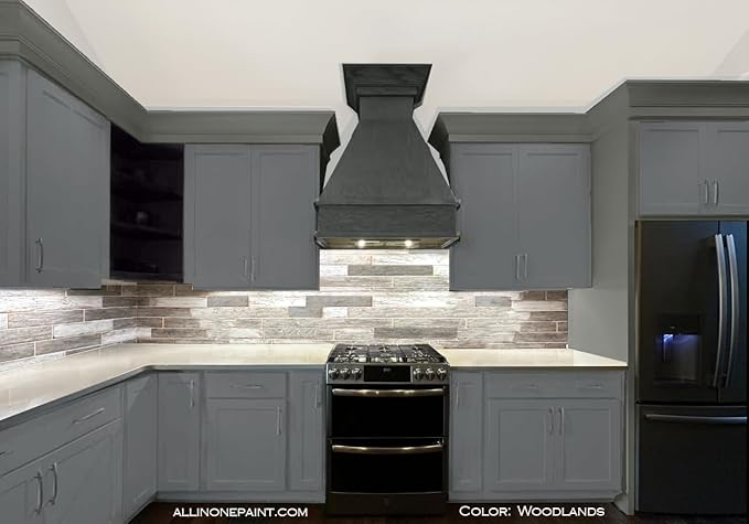 ALL-IN-ONE Paint, Durable cabinet and furniture paint. Built in primer and top coat, no sanding needed. Includes our 30 featured color card - Woodlands (muted, earthy, mossy green), Quart