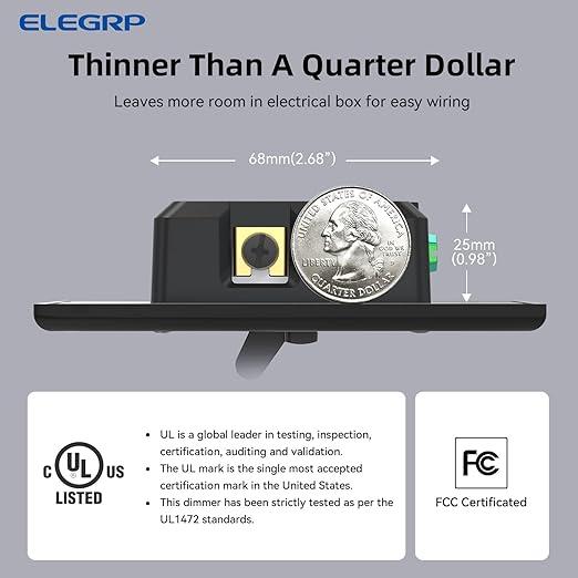 ELEGRP Digital Toggle Dimmer Switch for Dimmable LED, CFL and Incandescent Light Bulbs, Single Pole or 3-Way Toggle LED Dimmer Light Switch, Wall Plate Included, UL Listed, 6 Pack, Black