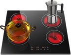 Karinear Drop-in 4 Burner Electric Cooktop 24 Inch Radiant Cooktop, Electric Stove Top with Residual Heat Indicator, Child Safety Lock, Timer, 220-240V, 6000W, Hard Wire(No Plug)