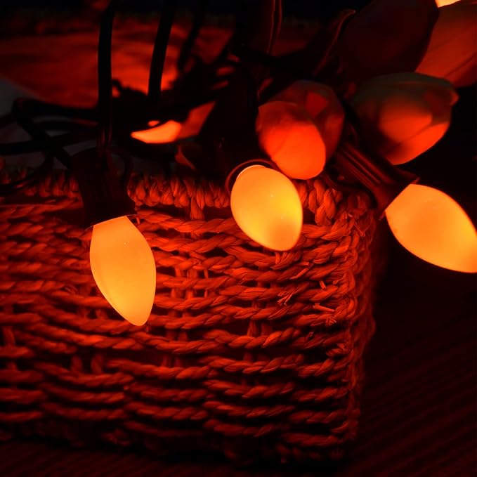 SUNSGNE C7 Christmas Orange Incandescent Night Light Bulbs, 25 Pack C7 Ceramic Replacement Bulbs for Outdoor String Lights, E12 Candelabra Base, 5 Watt, Ceramic Orange
