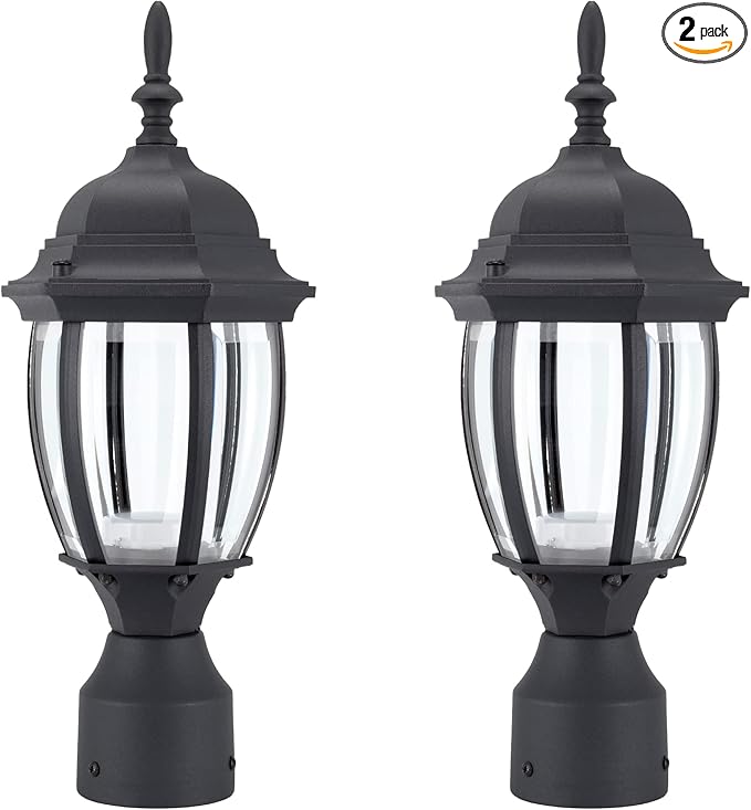 LIT-PaTH LED Outdoor Post Lighting Fixture, Pole Lantern, 9.5W 800 Lumens, 3000K Warm White, Aluminum Housing Plus Glass, Matte Black Finish, 2-Pack