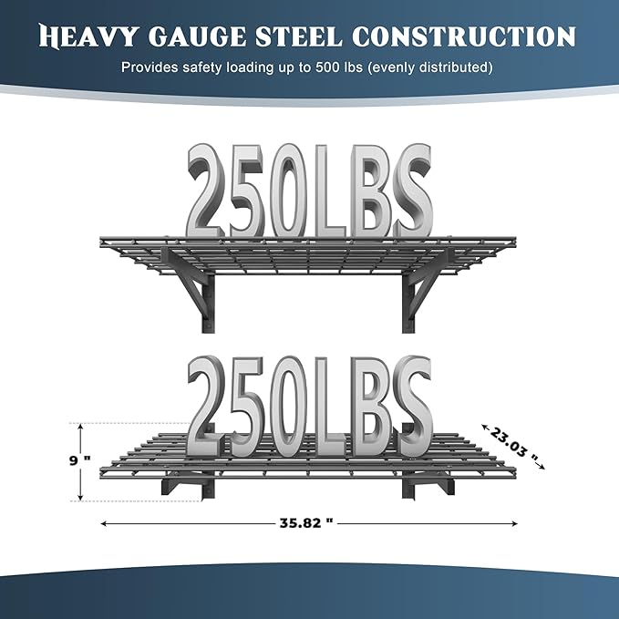 2 Pack Heavy Duty Garage Wall Shelving Set (2x3ft), Wall Mounted Garage Shelves 500lbs Capacity, 24"x72" Wall Shelf Storage Rack Floating Shelves, Black