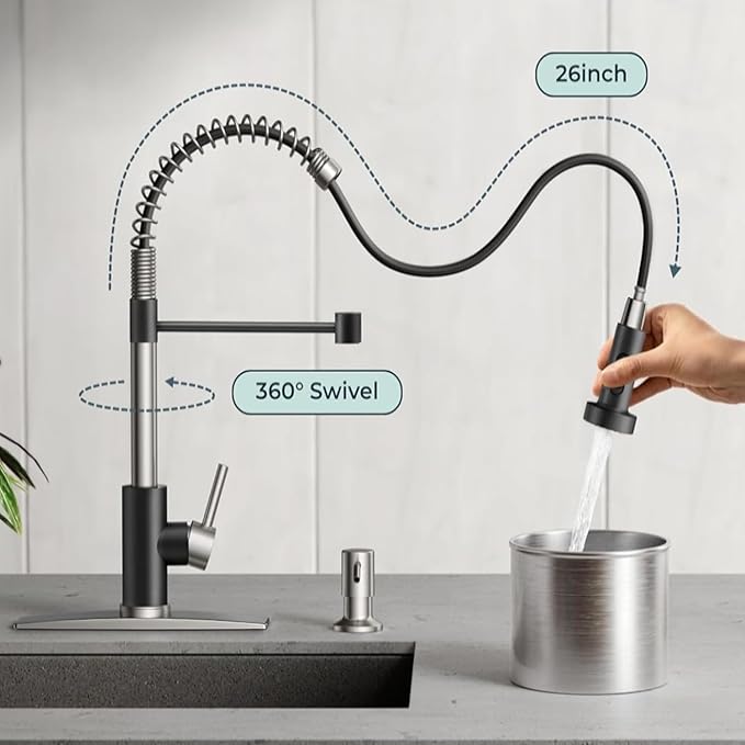 Smart Touch On Kitchen Faucet, 3 Modes Pull Down Sprayer, Sensor Activated, Ceramic Disc Valve, 360-Degree Rotation, 1 or 3 Hole Deck Plate. 10-Year Warranty. (KW-62NR, Brushed Nickel/Black)