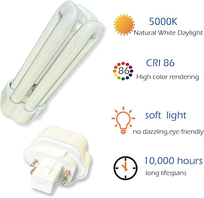 6pack PLT 32W Triple Tube Fluorescent Light Bulb, 5000K Bright White Daylight 4-Pin GX24-3 Type Base，High Transparency CRI 86