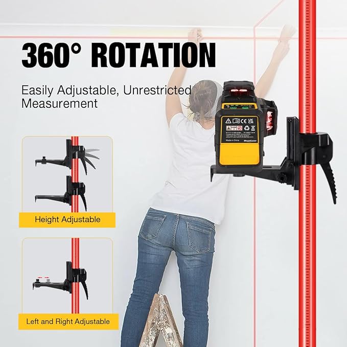 12Ft/3.7M Professional Telescoping Laser Level Pole with Tripod & Laser Mount - 1/4"-20 & 5/8"-11 Adapters, Adjustable Laser Pole Mount for Rotary/Line Lasers(Red)