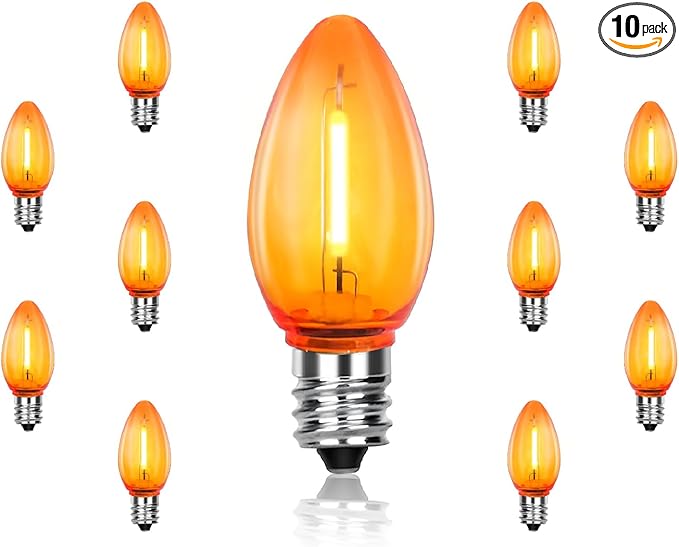 C7 Replacement Bulbs, 10 Pack Halloween Orange LED Bulbs, 0.6W E12 Candelabra Base for Outdoor String Lights, Christmas Party, Patio Decor