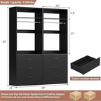 Closet System Set of 2, 4FT Closet Systems with 6 Wood Drawers, 48" Closet Organizer System with 2 Hanging Rods & 2 Shelves, Heavy Duty 48 Inch Walk-in Closet, Black (48"L x 15" W x 80" H)