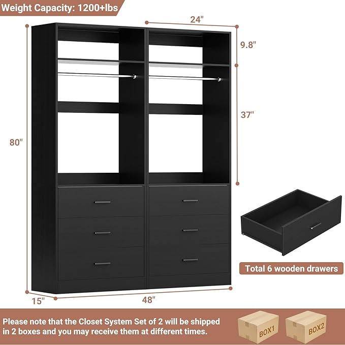 Closet System Set of 2, 4FT Closet Systems with 6 Wood Drawers, 48" Closet Organizer System with 2 Hanging Rods & 2 Shelves, Heavy Duty 48 Inch Walk-in Closet, Black (48"L x 15" W x 80" H)
