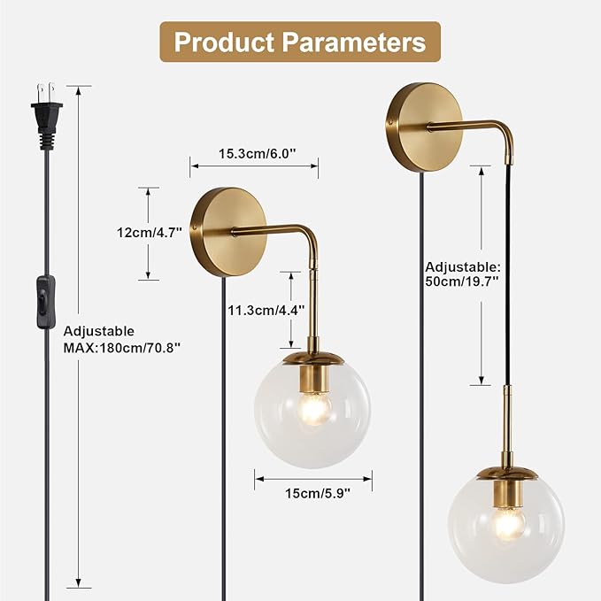 KCO Modern Globe Wall Sconce with Plug in Industrial Vintage Wall Lamp On/Off Switch Minimalist 1-Light Mounted Lamps for Bedroom Living Room Corridor (Clear & 2-Pack)