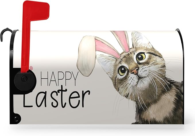 Happy Easter Mailbox Covers Magnetic Standard Size 21 x 18 Inch Easter Cat with Bunny Ears Mailbox Cover Post Box Wraps Decorations for Spring Garden Yard