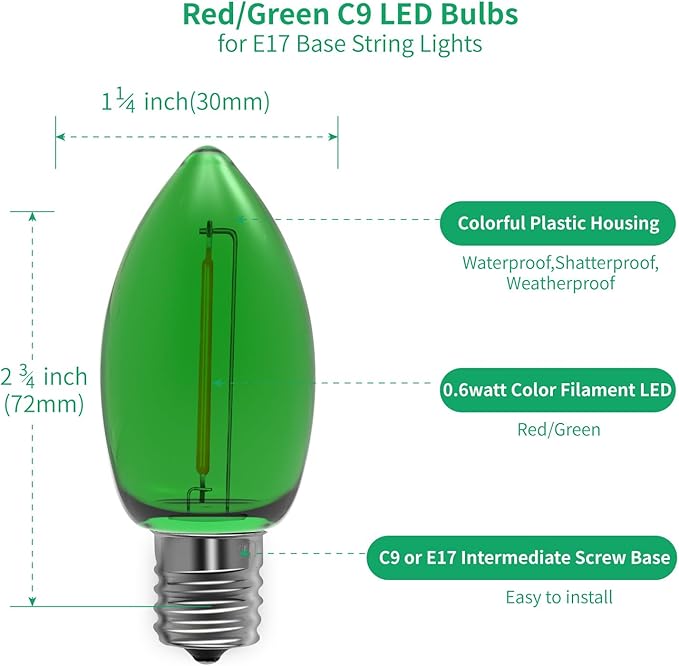 Meconard C9 Led Replacement Christmas Light Bulbs, C9 Shatterproof Led Bulbs for Christmas Indoor Outdoor String Lights, Mini Bulb Intermediate E17 Base Decor Red Light Bulbs Green Light Bulb, 25 Pack