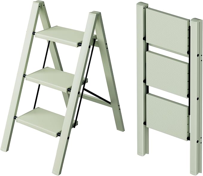 Taranta 3 Step Ladder,Aluminum Lightweight Folding 3 Step Stool with Anti-Slip Wide Pedal,330lbs Capacity Step Ladder for Household,Kitchen,Office - Fairyland Green