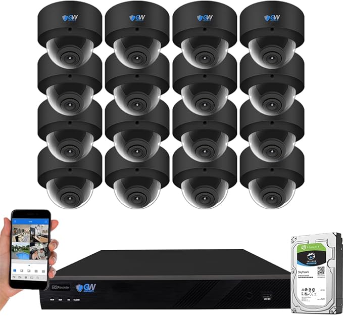 GW Security 16 Channel 12MP NVR UltraHD 4K Face Recognition/Human/Cars Detection PoE Security Camera System with 16 x 8MP Waterproof Microphone 130° Wide Angle Outdoor Indoor Dome Cameras (Black)