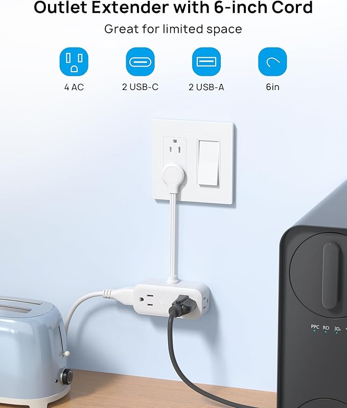 TROND Outlet Extender with 6 Inch Cord, Flat Plug Adapter for Inverted Sockets, 4 Electrical Sockets, 4 USB Ports, Multi Plug Wall Outlet for Home Travel, Cruise Ship Essentials, White