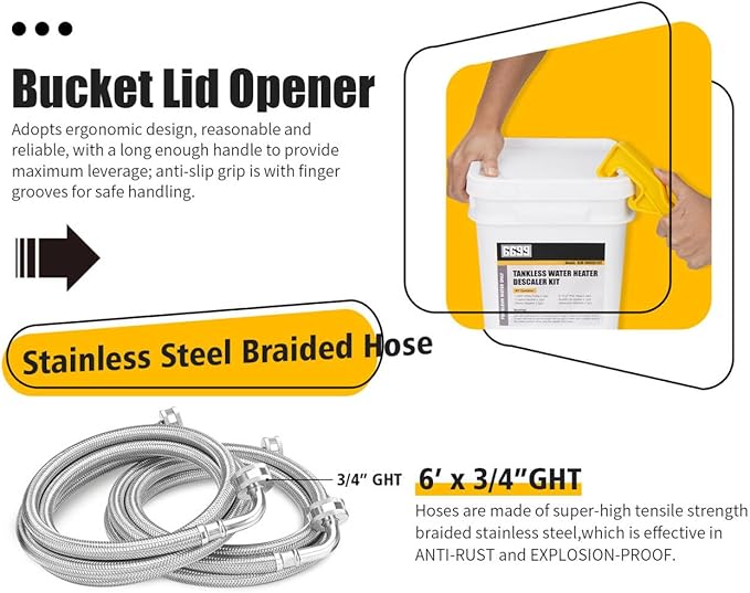 Tankless Water Heater Flush Kit Includes 1/3HP Stainless Steel Sump Pump with Two Adapters & 3 Gallons Pail with Bucket Lid Opener & Two 1/2” Dia X 6’ Hoses with Washers