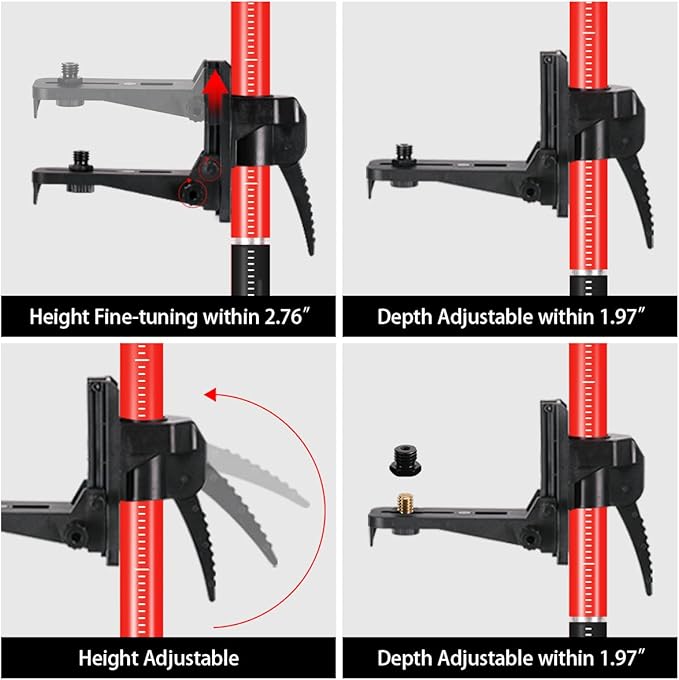 12Ft/3.7M Professional Telescoping Laser Level Pole with Tripod & Universal Mount - 1/4”-20 & 5/8”-11 Adapters | Adjustable Laser Pole Mount for Rotary/Line Lasers(Black&Red)