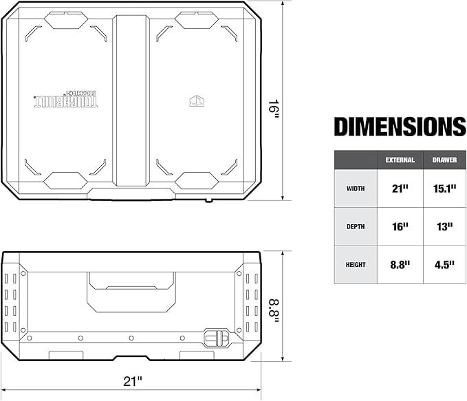 ToughBuilt StackTech 1 Drawer Tool Box, Heavy-Duty Portable Tools Chest, 50 lb Capacity - Stackable Toolbox Storage Organizer with 8 Dividers, Auto-Latching Drawers and Accessory Rails