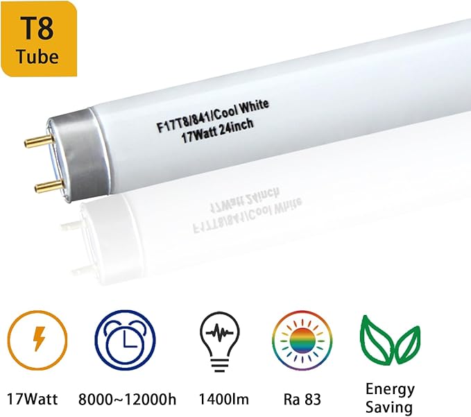 12 Pack 24 inch 17Watts F17T8 Fluorescent Bulb, F17T8/841 4100K Cool White,2ft T8 Fluorescent Tube Light,Medium Bi-Pin (G13) Base,1400 Lumens