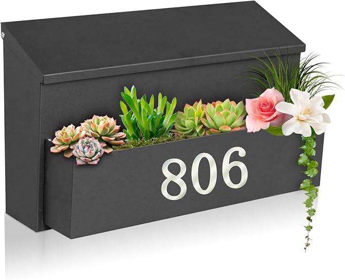 Wall Mount Mailbox, Large Capacity for House, Outside, with 3 Sets of 0-9 Number Stickers & Flower Planter, Galvanized Steel Rust-Proof Metal Post Drop Box, 15.74"×9.84"×6.41" Black