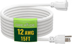 15 Ft Outdoor Extension Cord - 12/3 SJTW Heavy Duty White Extension Cable with 3 Prong Grounded Plug - Power Cord for Lawn, Garden, Appliances