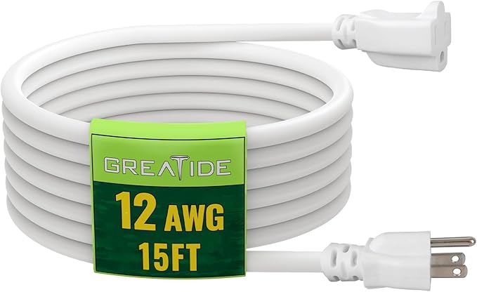 15 Ft Outdoor Extension Cord - 12/3 SJTW Heavy Duty White Extension Cable with 3 Prong Grounded Plug - Power Cord for Lawn, Garden, Appliances