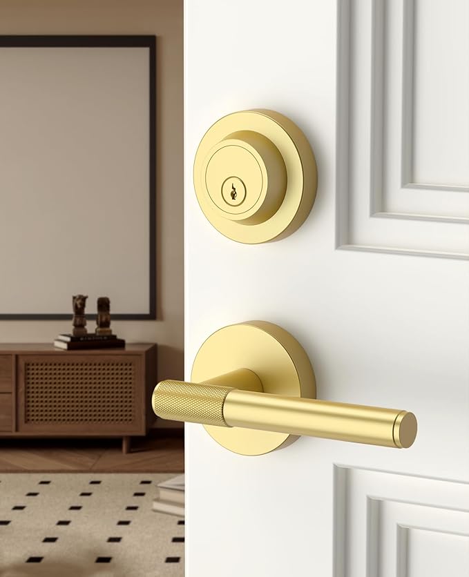 Asidrama Premium Brushed Gold Zinc-Alloy Front Door Lock Set: Double Cylinder Deadbolt, Heavy Duty Security Handleset for Left/Right Exterior Doors, Universal Entry Locks (1 Pack)