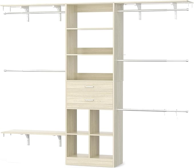 Closet System - 4.75-8FT Closet Organizer System with Wooden Drawers & Cube Storage Organizer, Up To 96" Closet Systems for Nursery & Walk-In Closets with Cuttable Hanging Shelving, Greige Oak