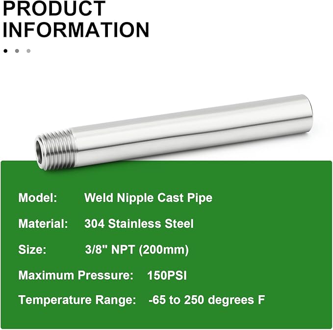 TAISHER 2PCS 304 Stainless Steel Pipe Fittings, 3/8" NPT Male Threaded, 8" Length Weld Nipple Cast Pipe