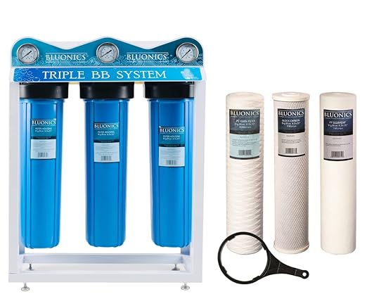 Whole House Well Water Filter System with Stand & Pressure Gauge, 3-Stage Home Water Purifier with 4.5" x 20" Filters – Removes Rust, Iron, Sand, Dirt, Sediment, Bad Taste & Odor