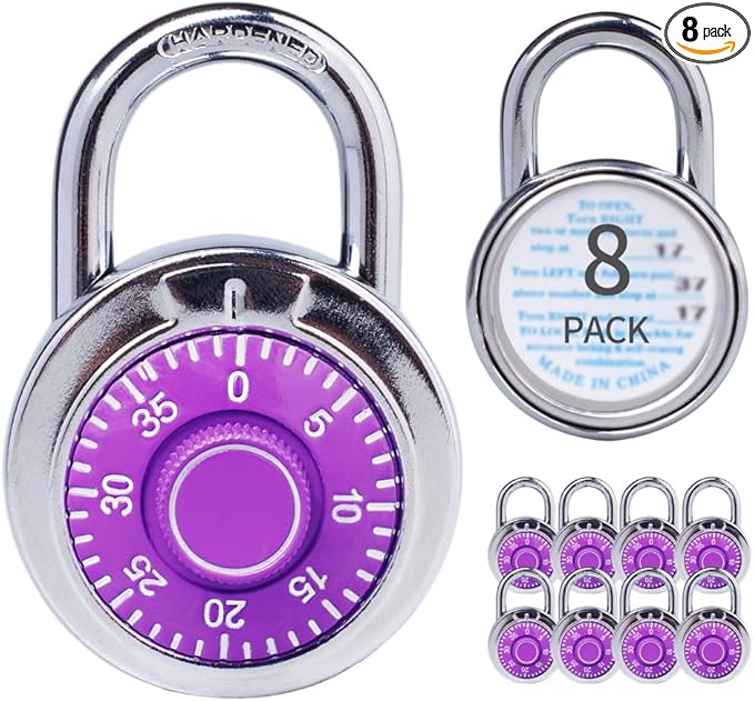 Combination Padlocks with Metal Body, Indoor Use for Gym Lockers & School Locker, ‌Purple, 8-Pack