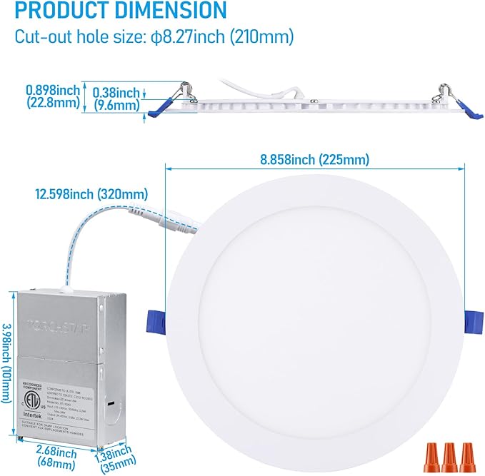 TORCHSTAR 8 Inch Ultra-Thin LED Recessed Ceiling Light with Junction Box, CRI90, 5000K Daylight, 18W High Brightness Dimmable Slim Canless Wafer Downlight, ETL & ES & FCC, Pack of 6