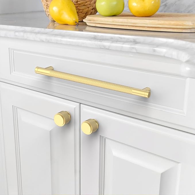 Amerdeco 10 Pack Gold Knurled Cabinet Pulls 7.55 Inch Center to Center Kitchen Cabinet Handles for Drawer Dresser, Cupboard and Wardrobe ZH0031