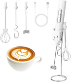 Milk Frother Handheld with Stand,Rechargeable Coffee Frother Wand with 3 Detachable Stainless Steel Whisk Heads, Hand Electric Mixer for Latte,Matcha,Cappuccino,Protein (White)