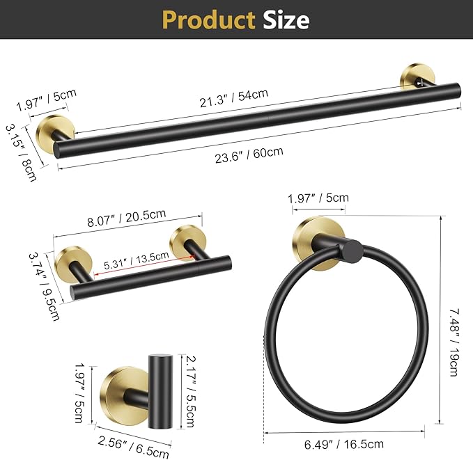 TQKAG Black and Gold 5 Piece Bathroom Hardware Accessories Set 23.6" SUS304 Stainless Steel Bathroom Towel Bar Holder Sets Double Post Pivoting Toilet Paper Holder Set Wall Mounted