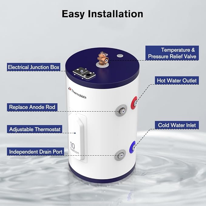 Thermomate Tank Water Heater - 10 Gallon Point of Use Hot Water Heater, 120V 1500W, Adjustable Thermostat, UL Listed (ES1000)
