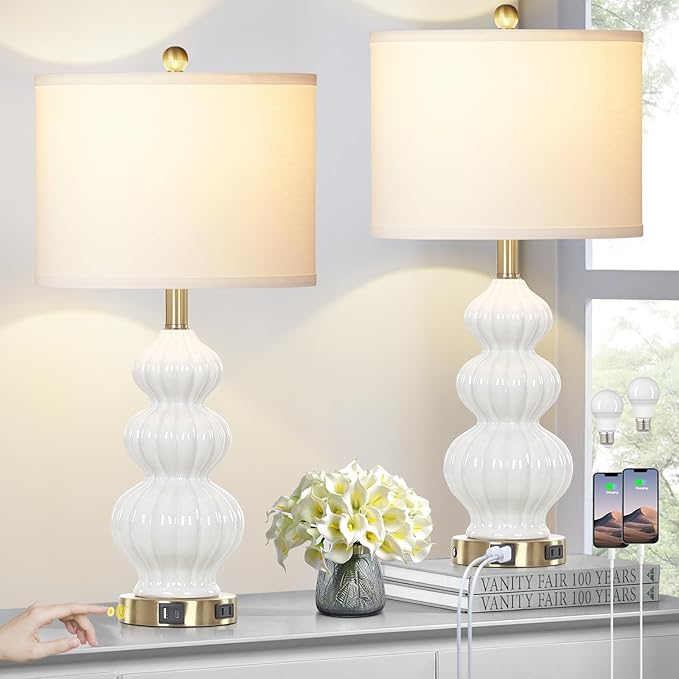 Triple Gourd Ceramic Table Lamps Set of 2, Modern White Bedside Lamps with USB A+C Ports & AC Outlet, 3 Way Touch Control Contemporary Nightstand Lamps for Bedroom Living Room