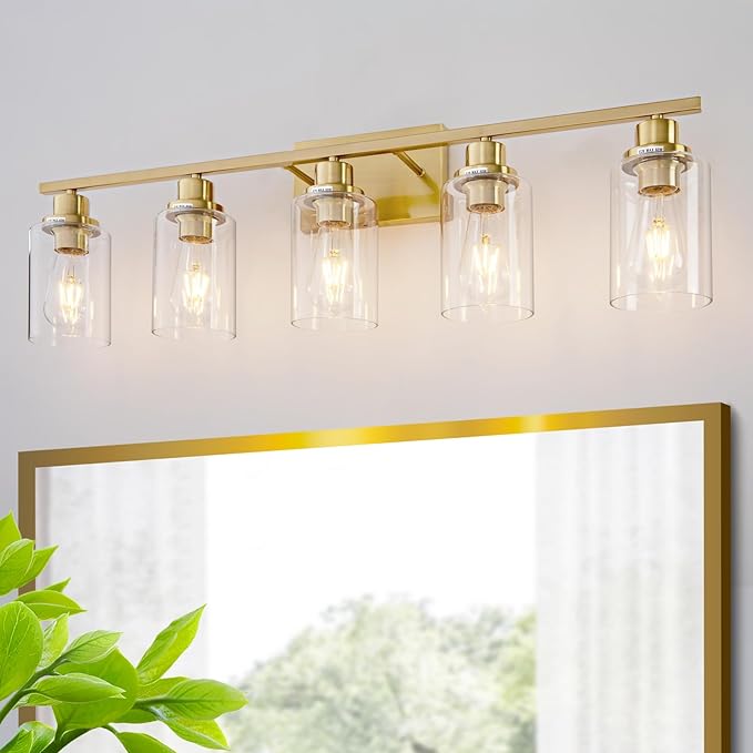 5 Light Gold Bathroom Light Fixtures Brushed Brass Vanity Light Over Mirror Modern Wall Lighting Sconces Wall Lamp for Bathroom, Bedroom, Living Room E26 Socket with Glass Shade