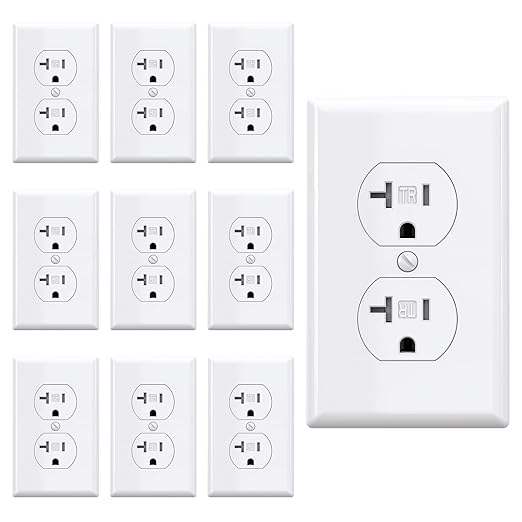 AIDA 20 Amps Outlets Duplex Electrical Receptacle Outlets,Tamper Resistant,Heavy-Duty Receptacle Wall Outlet,Residential,TR,3-Wire, Self-Grounding Clip, NEMA 5-20R,UL Listed (10 Pack, White)