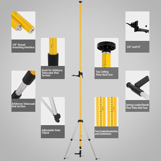 Laser Level Pole with Tripod, Telescoping Laser Level Tripod, 12 Ft./3.7M with 1/4-Inch by 20-Inch Laser Mount for Rotary and Line Laser Level, 5/8"-11 Adapter Nut Included