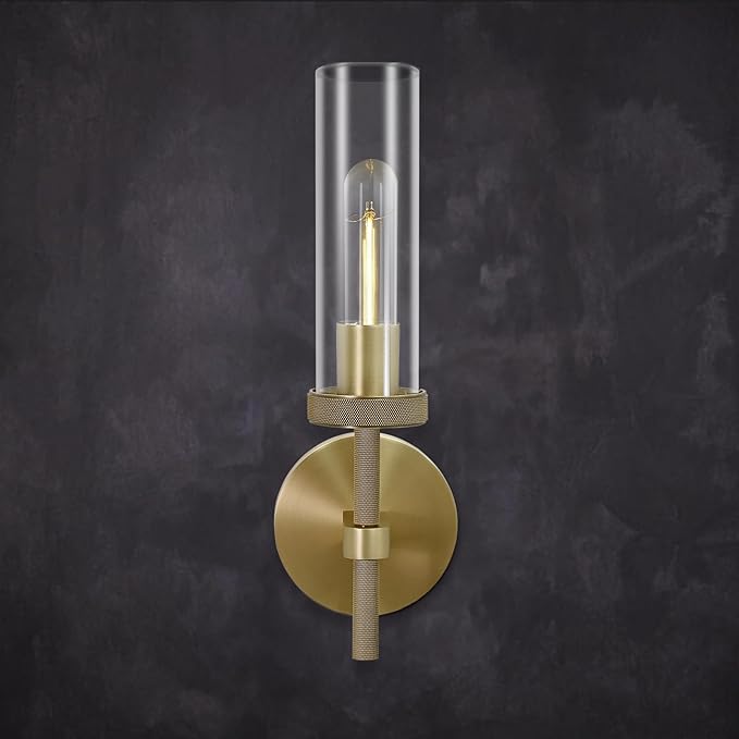 Brass Wall Sconces Lights Indoors, 14" Knurled Linear Sconce, Gold Bathroom Wall Sconces, Glass Tube Vanity Sconces Wall Lighting, Wall Lights for Mirror, Living Room, Bedroom, Hallway